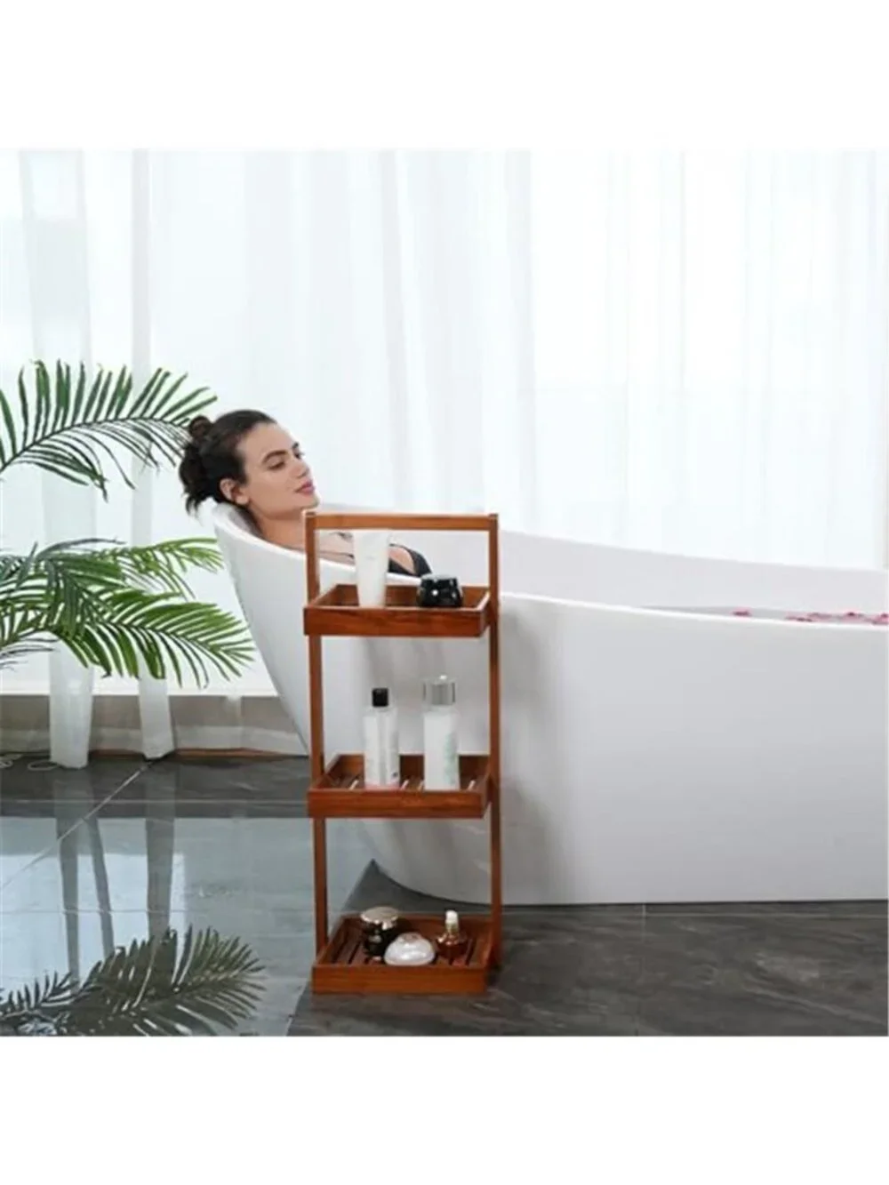 Teak Wood Corner Shower Caddy 3 Tier Standing Bathroom Shelf Organizer Rack
